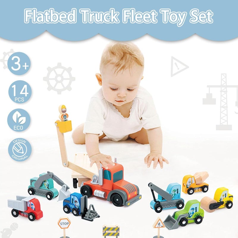 umu Wooden Construction Vehicle Transporter Play Set for Children Compatible with Brio World Railway Sets, Toy Includes Excavator, Crane, Roller, and Much More, 14-Piece Set for Children Ages 3, 4, 5 - Image 2