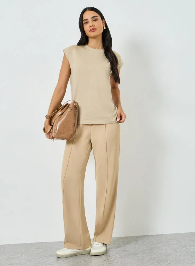 Styli Beige Cotton Cap Sleeve T-Shirt