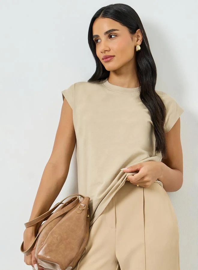 Styli Beige Cotton Cap Sleeve T-Shirt