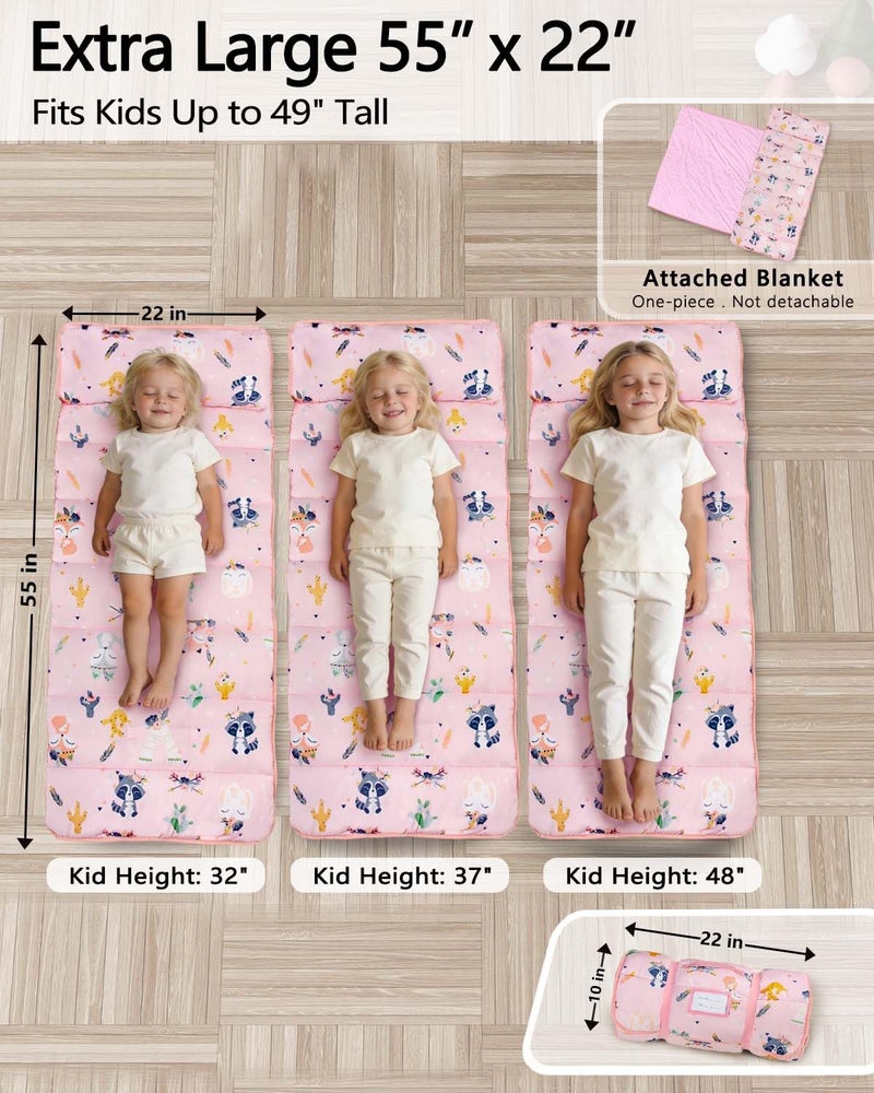 Primlect Thickened Toddler Nap Mat with Removable Pillow and Minky Blanket, Extra Large 55''x35'' Sleeping Bag, Washable, Roll up, Perfect for Daycare, Preschool, Kindergarten, Boys and Girls Pink Fox - Image 2