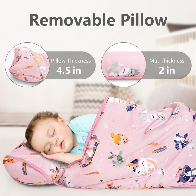 Primlect Thickened Toddler Nap Mat with Removable Pillow and Minky Blanket, Extra Large 55''x35'' Sleeping Bag, Washable, Roll up, Perfect for Daycare, Preschool, Kindergarten, Boys and Girls Pink Fox - Image 4