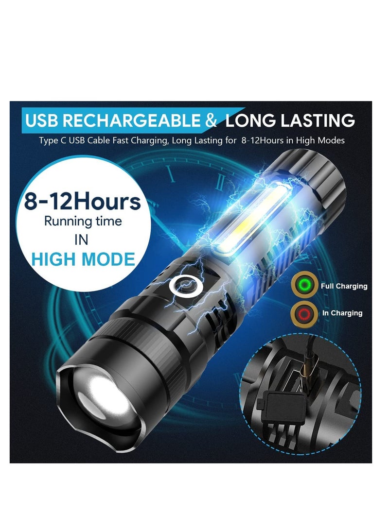 LED rechargeable flashlight 4500 high lumen, xhp70.2 super bright LED magnetic flashlight, with cob side lights, scalable, waterproof, 4 modes, powerful rechargeable tactical flashlight - Image 3