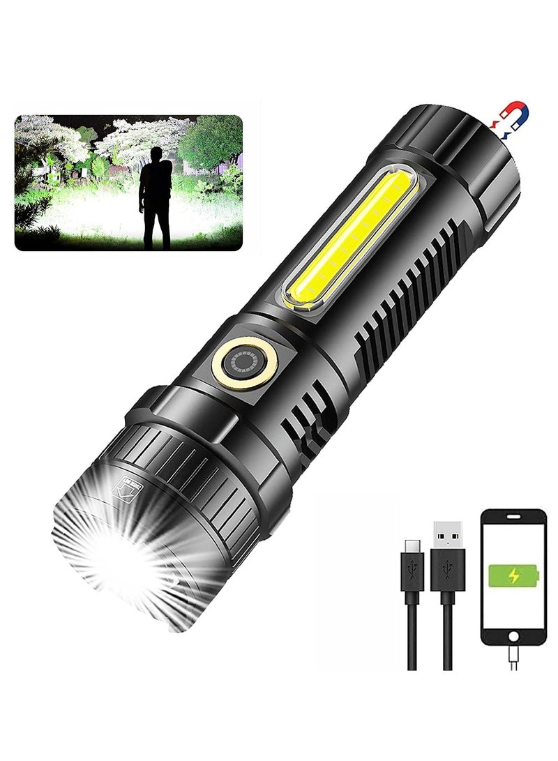 LED rechargeable flashlight 4500 high lumen, xhp70.2 super bright LED magnetic flashlight, with cob side lights, scalable, waterproof, 4 modes, powerful rechargeable tactical flashlight - Image 1