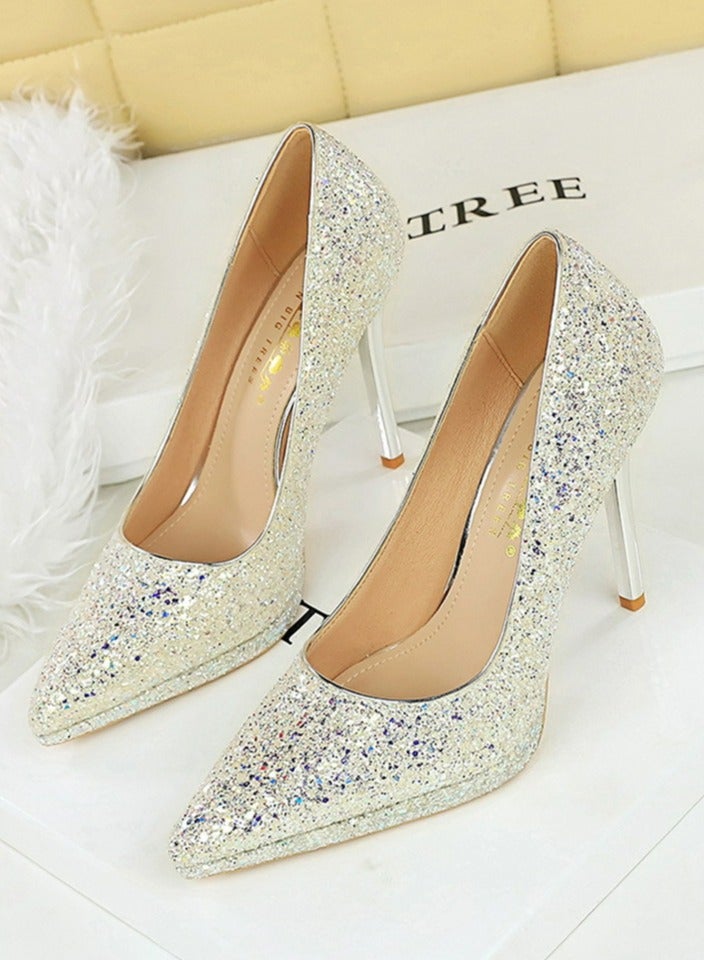 BIGTREE Women's Sparkly Party Stiletto Pumps Pointed Closed Toe High Heels 11CM Cream White  - Image 1