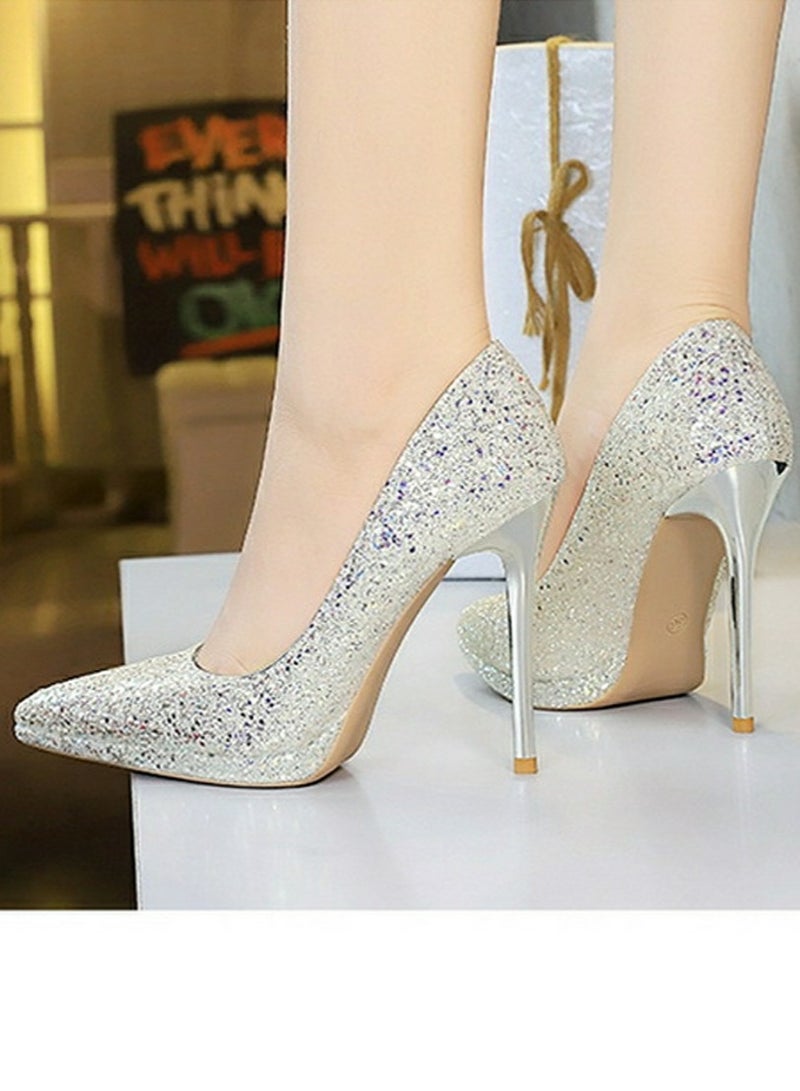 BIGTREE Women's Sparkly Party Stiletto Pumps Pointed Closed Toe High Heels 11CM Cream White  - Image 5