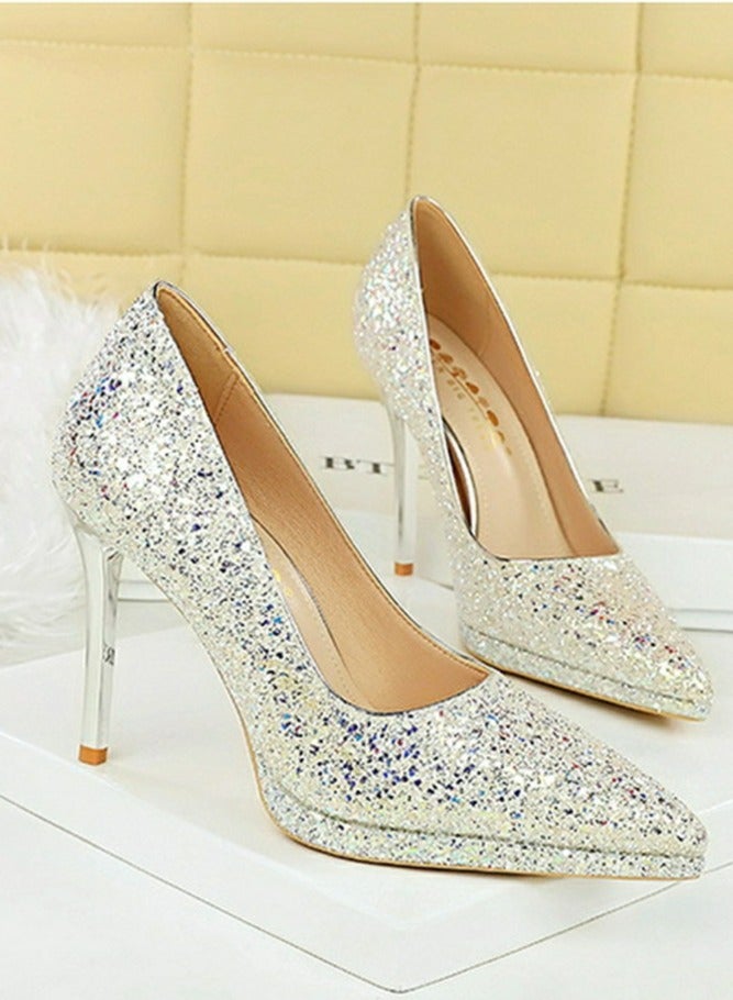 BIGTREE Women's Sparkly Party Stiletto Pumps Pointed Closed Toe High Heels 11CM Cream White  - Image 2