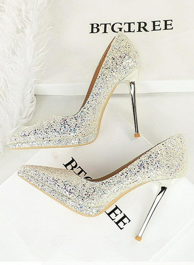 BIGTREE Women's Sparkly Party Stiletto Pumps Pointed Closed Toe High Heels 11CM Cream White  - Image 3