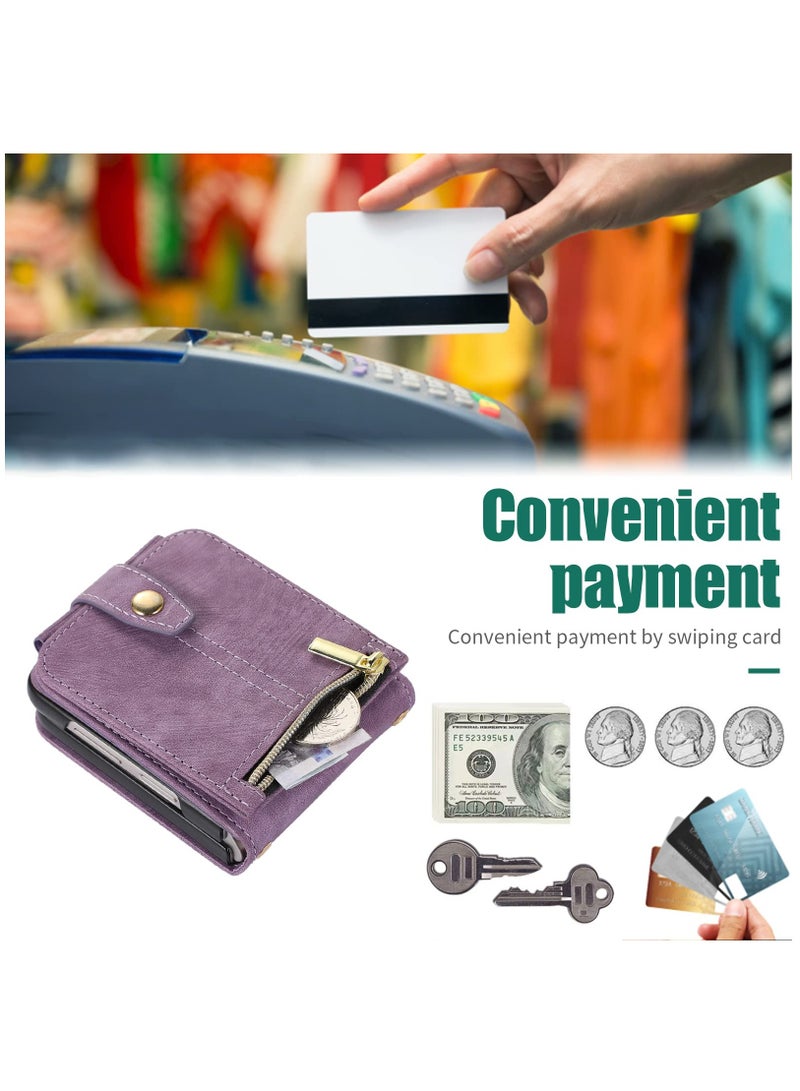 SYOSI Case for Samsung Galaxy Z Flip 5 5G, 3 Card Slots Retro Leather Wallet Shockproof Flip Cover with Hand Strap Card Slots Zipper Pocket Kickstand Handbag Magnetic Closure - Retro Purple - Image 2