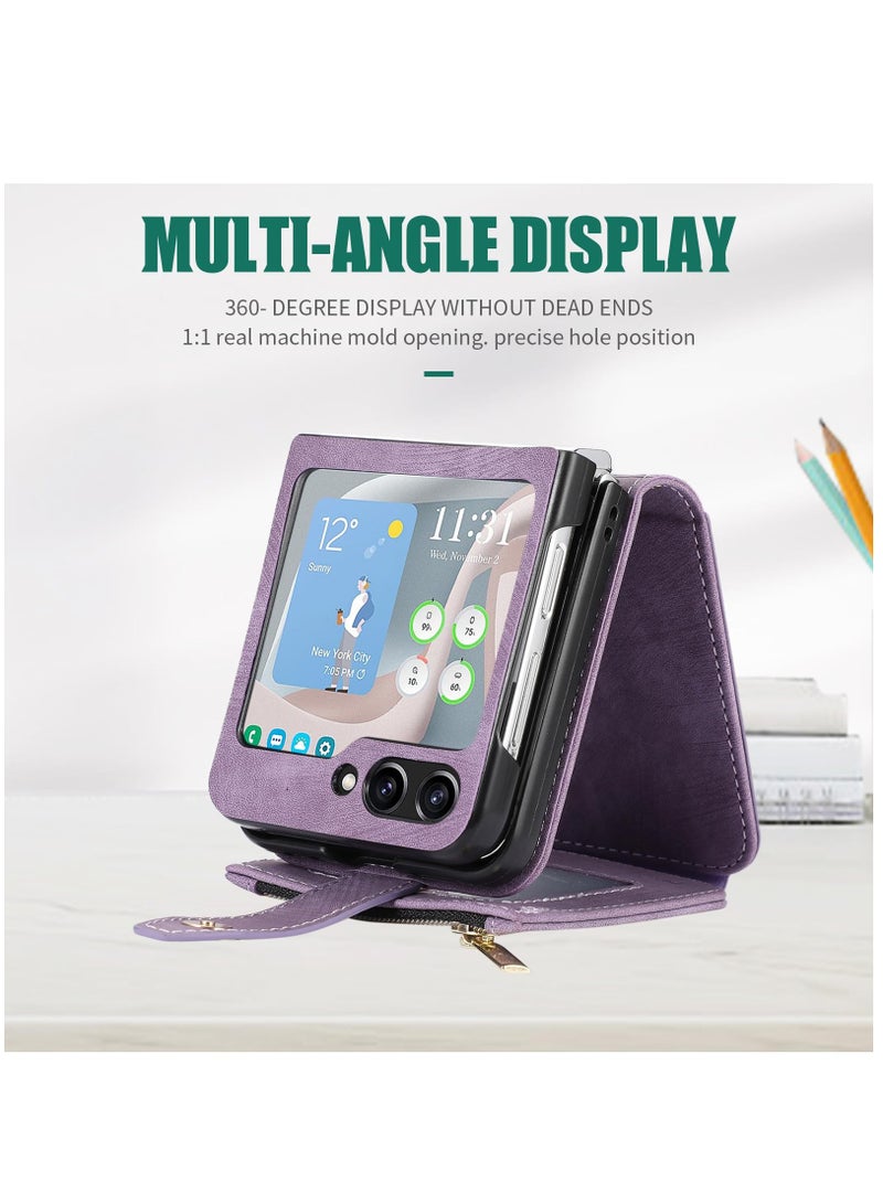 SYOSI Case for Samsung Galaxy Z Flip 5 5G, 3 Card Slots Retro Leather Wallet Shockproof Flip Cover with Hand Strap Card Slots Zipper Pocket Kickstand Handbag Magnetic Closure - Retro Purple - Image 4