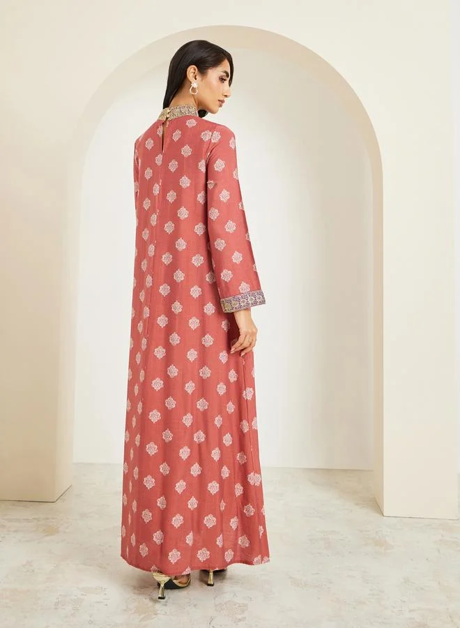 Amirah  Women Stand Collar Printed Jalabiya With Lace Trim for Women | Best Price UAE