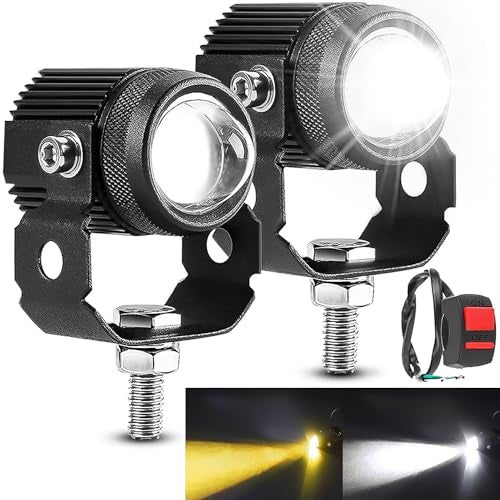 Carzex® Mini Drive Projector Lens LED Fog Light for Car, Bike, Scooty | White & Amber Yellow + Flasher Hi/Low Beam | Metal Body with Inbuilt Fan & ON/OFF Switch | Waterproof | Set of 2 - Image 1