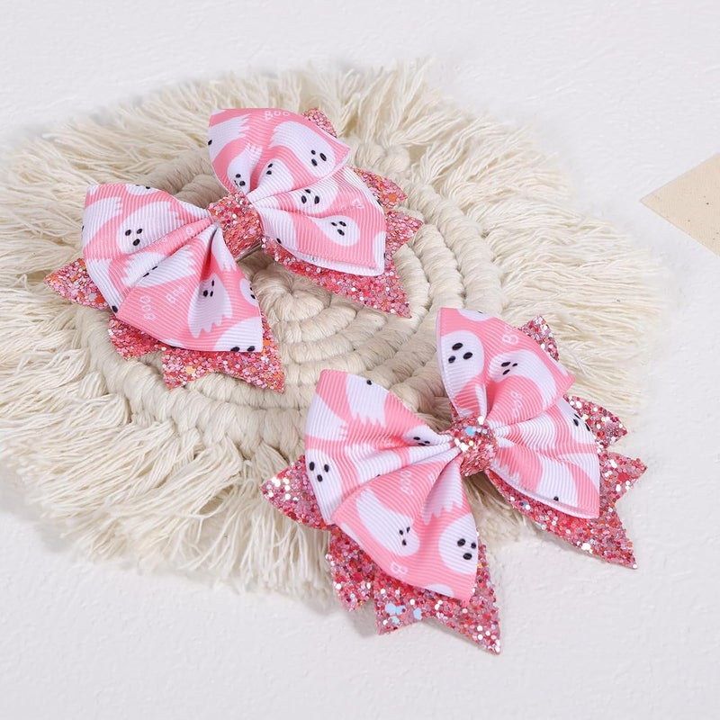 KCHIES Halloween Pink Ghost Hair Bow Clips for Girls, 2 Pack 3.5" Glitter Hair Ribbon Bow Alligator Clips for Toddler Teens Kids Women Trick or Treat Party Costume Dress Accessory Gift - Image 2