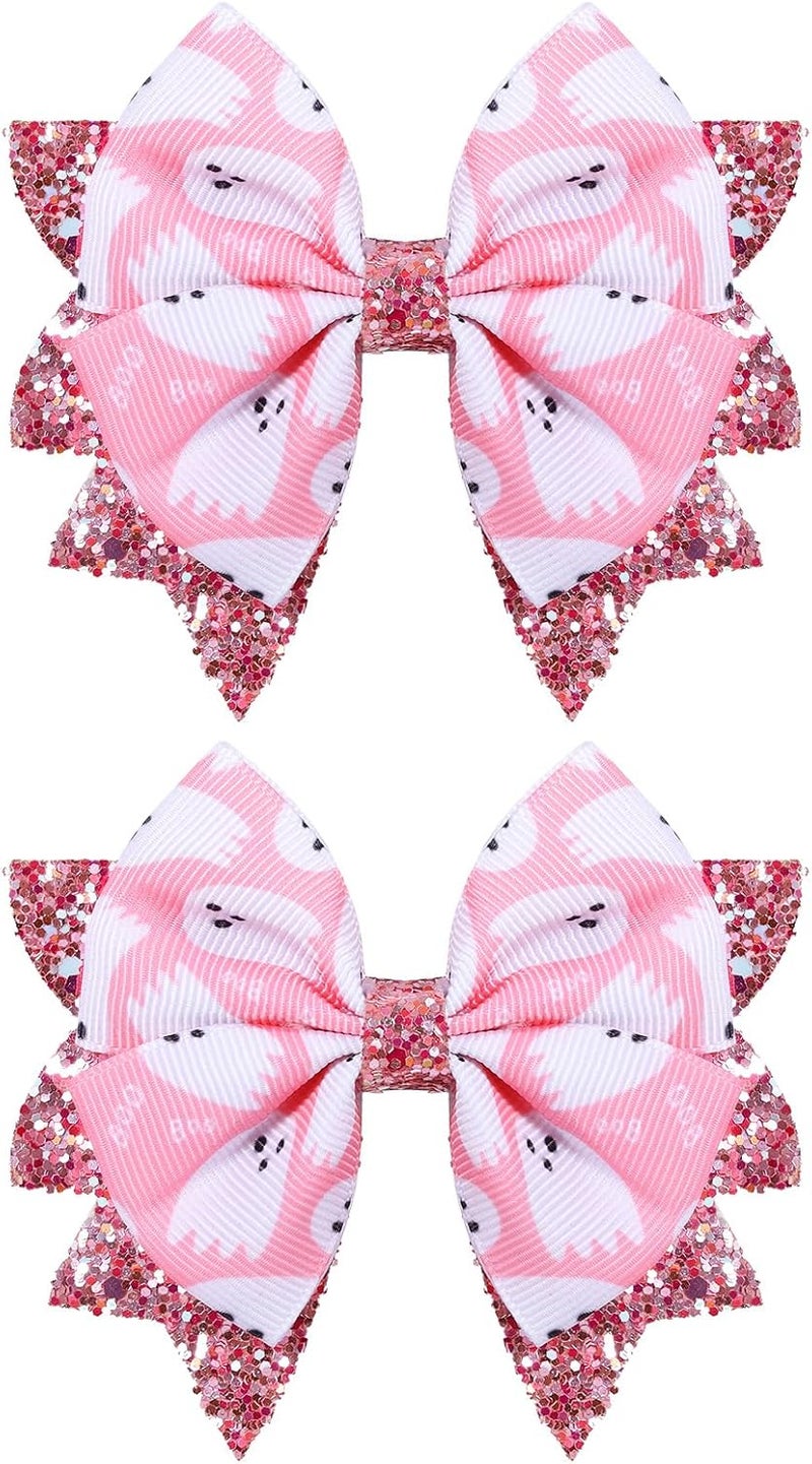 KCHIES Halloween Pink Ghost Hair Bow Clips for Girls, 2 Pack 3.5" Glitter Hair Ribbon Bow Alligator Clips for Toddler Teens Kids Women Trick or Treat Party Costume Dress Accessory Gift - Image 1