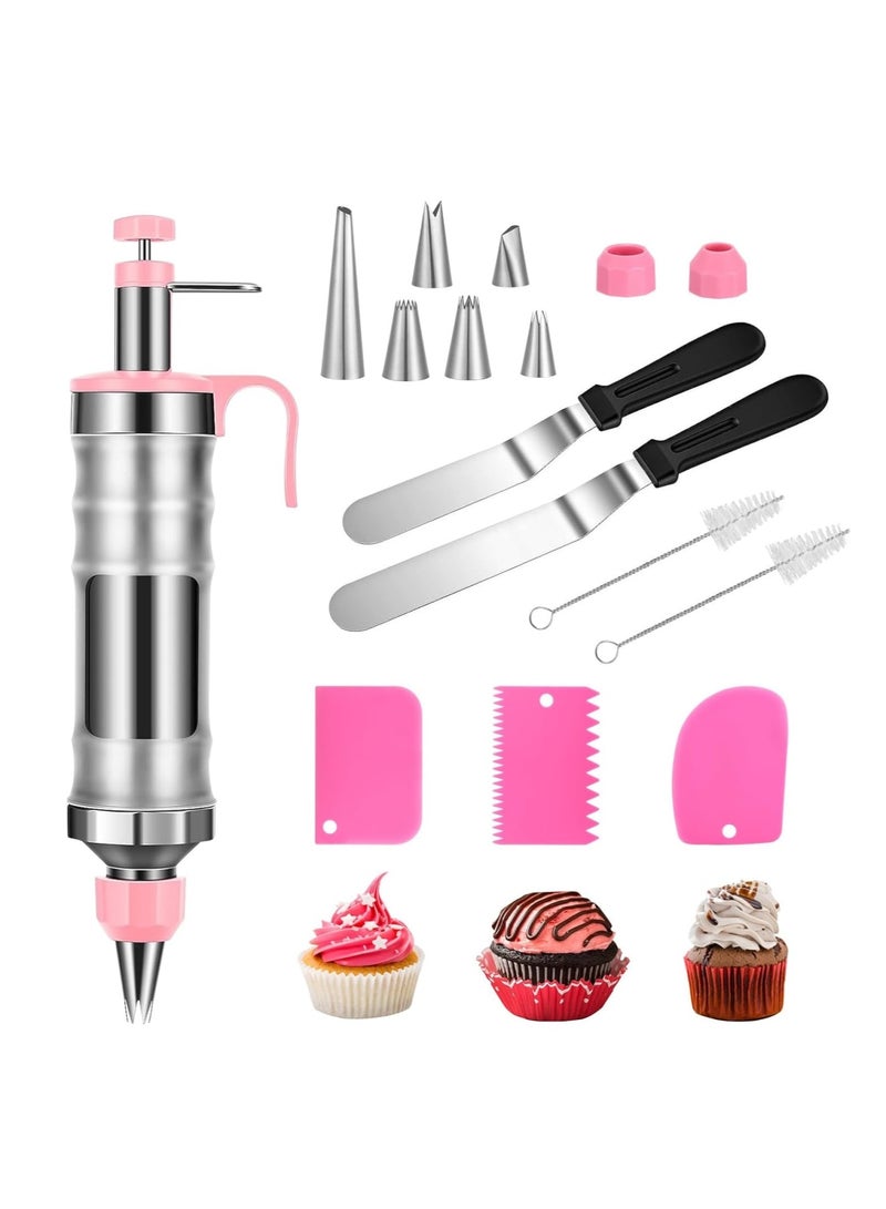 Zikra Icing Decoration Gun Set, Stainless Steel Dessert Decorating Syringe, Cake Decorating Gun, Cupcake Piping Kit with 6 Icing Nozzles, 3 Cream Scraper, 2 Offset Spatula, 2 Nozzle Brush for Kitchen Baking - Image 1
