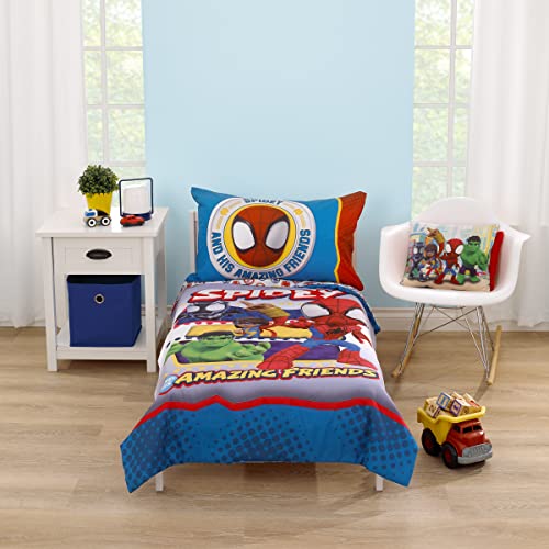 NoJo Marvel Spidey and His Amazing Friends Blue, Red, Yellow, and Green, Team Up 4 Piece Toddler Bed Set - Comforter, Fitted Bottom Sheet, Flat Top Sheet, and Reversible Pillowcase - Image 1