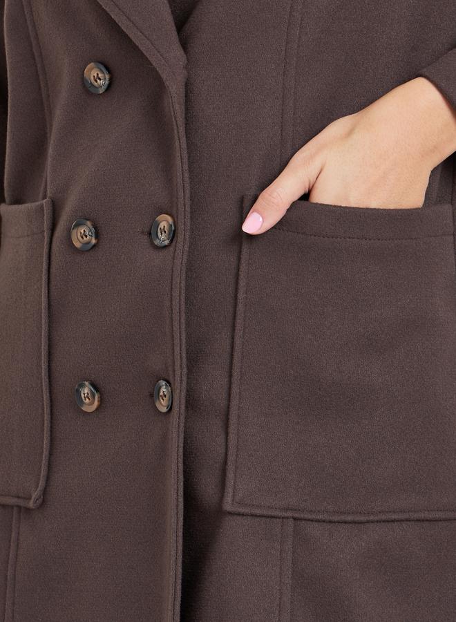 Take Two Brown Double Breasted Wool Like Coat with Pocket Detail - Image 3