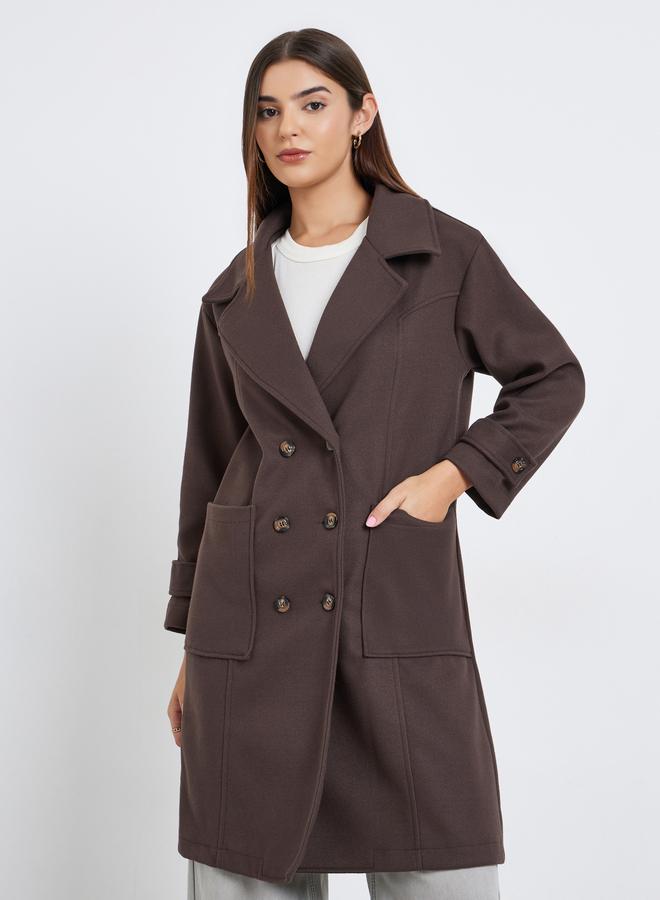 Take Two Brown Double Breasted Wool Like Coat with Pocket Detail - Image 2