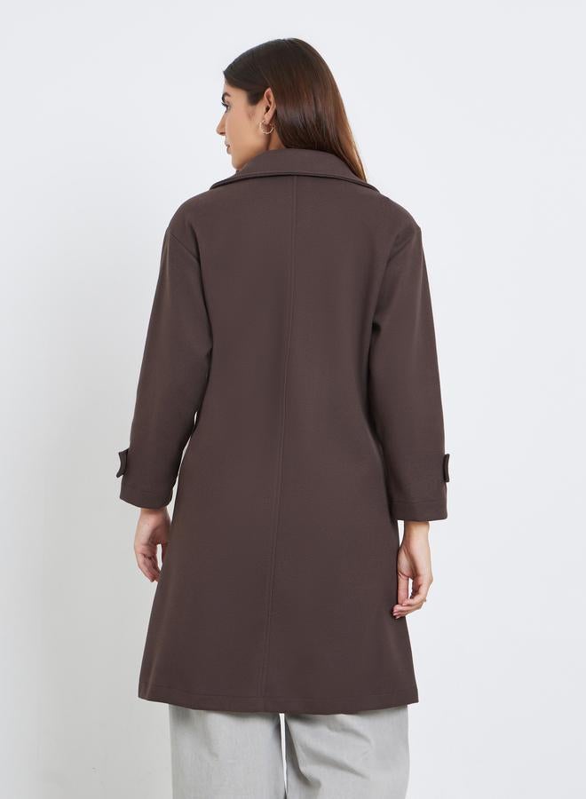 Take Two Brown Double Breasted Wool Like Coat with Pocket Detail - Image 4