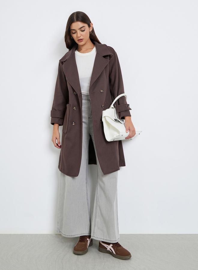 Take Two Brown Double Breasted Wool Like Coat with Pocket Detail - Image 1