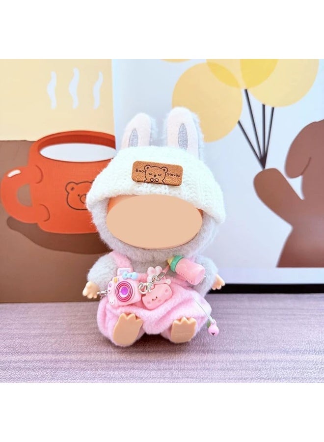 Labubu Doll Clothes – 17cm Doll Outfit Set with Pink Milk Bottle Overalls, White Bear Knit Hat & Pink Camera Accessory – Cute Dress-Up Clothes for Blind Box Dolls (No Doll Included) - Image 2