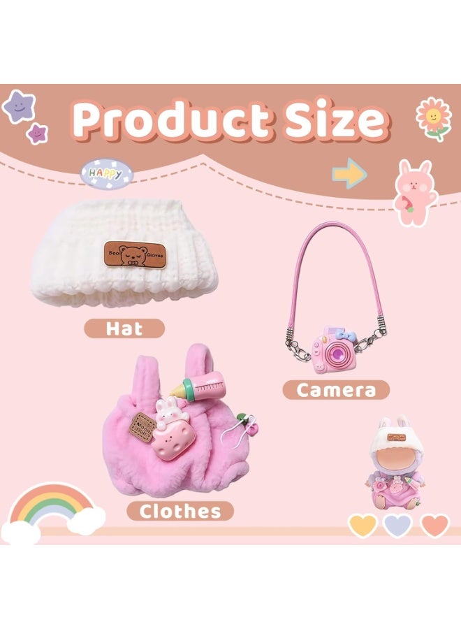 Labubu Doll Clothes – 17cm Doll Outfit Set with Pink Milk Bottle Overalls, White Bear Knit Hat & Pink Camera Accessory – Cute Dress-Up Clothes for Blind Box Dolls (No Doll Included) - Image 3