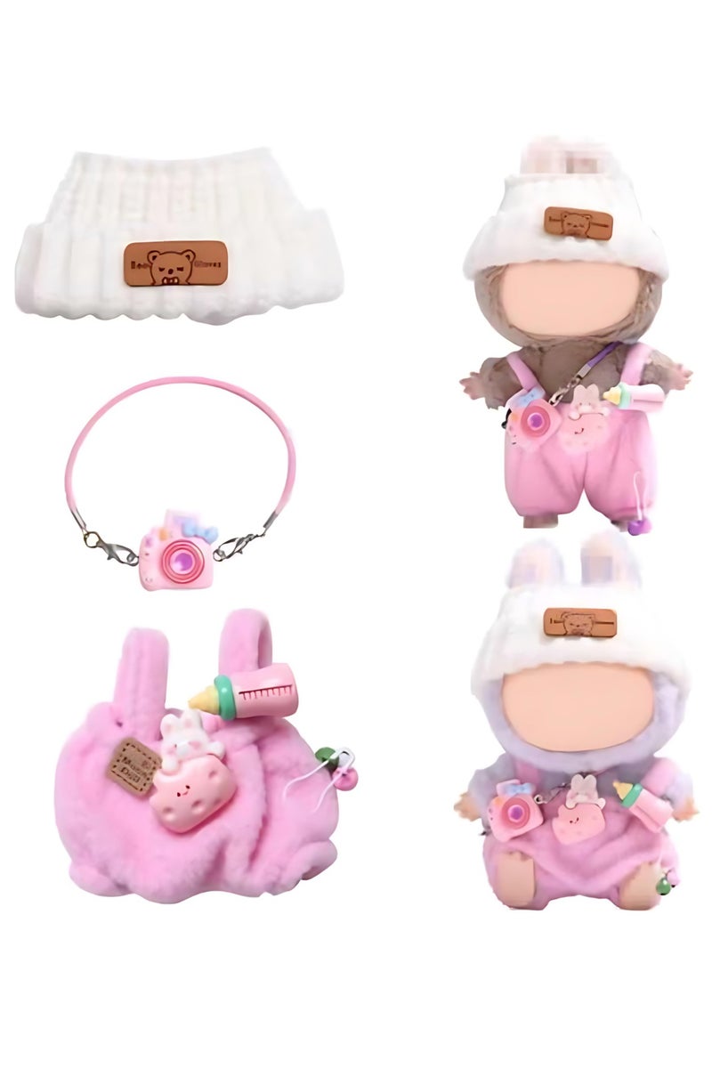 Labubu Doll Clothes – 17cm Doll Outfit Set with Pink Milk Bottle Overalls, White Bear Knit Hat & Pink Camera Accessory – Cute Dress-Up Clothes for Blind Box Dolls (No Doll Included) - Image 1