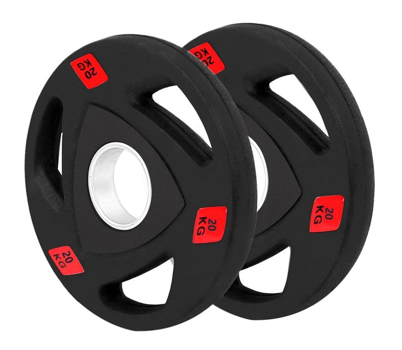 Olympic Weight Plates Pair Rubber Coated Tri-Grip Handles | Solid Cast Iron Barbell Discs 2-Inch Hole | Gym Equipment for Home Workout, Strength Training, Muscle Building, Squats, Bench Press & Deadlifts - Image 1