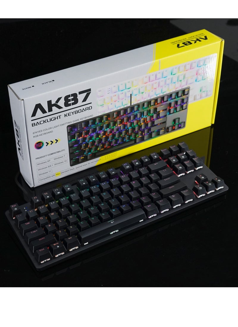 ماركة غير محددة لوحة مفاتيح الألعاب AK87 TKL – مفتاح أزرق ميكانيكي قابل للتبديل السريع – إضاءة RGB – سلكية عبر USB – 87 مفتاحًا بتخطيط إنجليزي | أسود  - Image 2