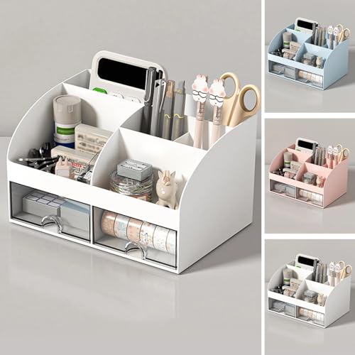 HOME CUBE Plastic Desk Organizer With Drawer Desktop Office Stationery Storage Box Desk Accessories Mobile Holder Table Organiser Study Table Office Table Desk Organizer (Pink) - Image 5