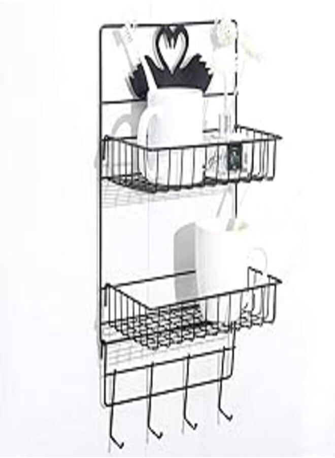 Zollyss Zollyss Metal Inside Powder Coated 2 Layer Multipurpose Kitchen Bathroom Shelf Wall Holder Storage Rack With 4 Hook- Black Color 