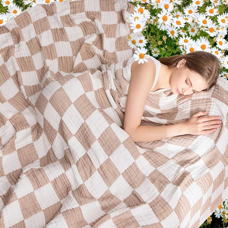 EMME Checked Muslin Blanket, 70% Cotton, 30% Bamboo, Sofa Blanket, Breathable & Cooling for All Seasons, Prewashed Couch Blanket, Khaki Check, 130 x 150 cm - Image 3