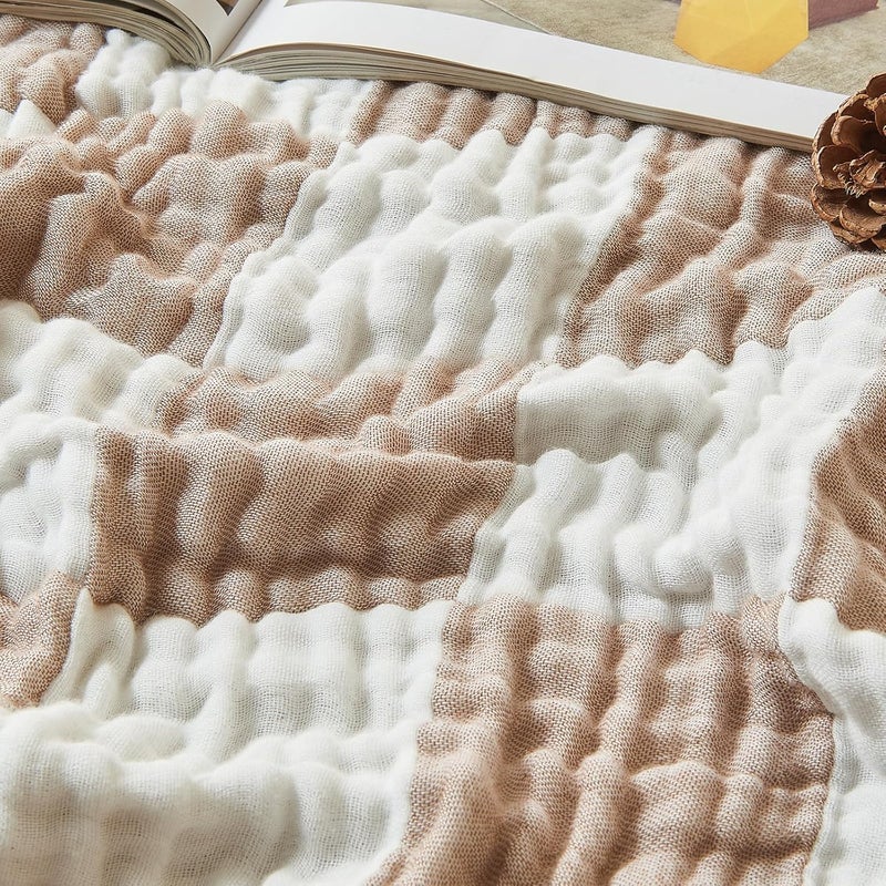 EMME Checked Muslin Blanket, 70% Cotton, 30% Bamboo, Sofa Blanket, Breathable & Cooling for All Seasons, Prewashed Couch Blanket, Khaki Check, 130 x 150 cm - Image 1
