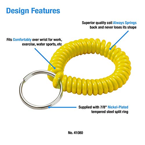 Lucky Line 2” Spiral Wrist Coil with Steel Key Ring, Flexible Wrist Band Key Chain Bracelet, Stretches to 12”, Yellow, 1 PK (410801) - Image 2