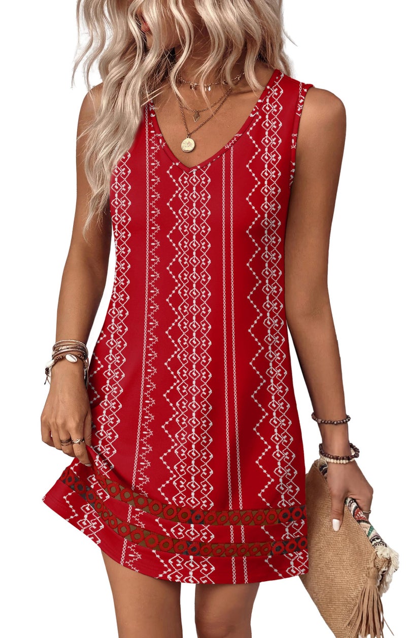 Sipaya Boho Dresses for Women Summer Mini Dress V Neck Casual Spring Dresses Cute Sundresses Fashion Clothing Cruise Outfits Beach Vacation Red Boho M - Image 1