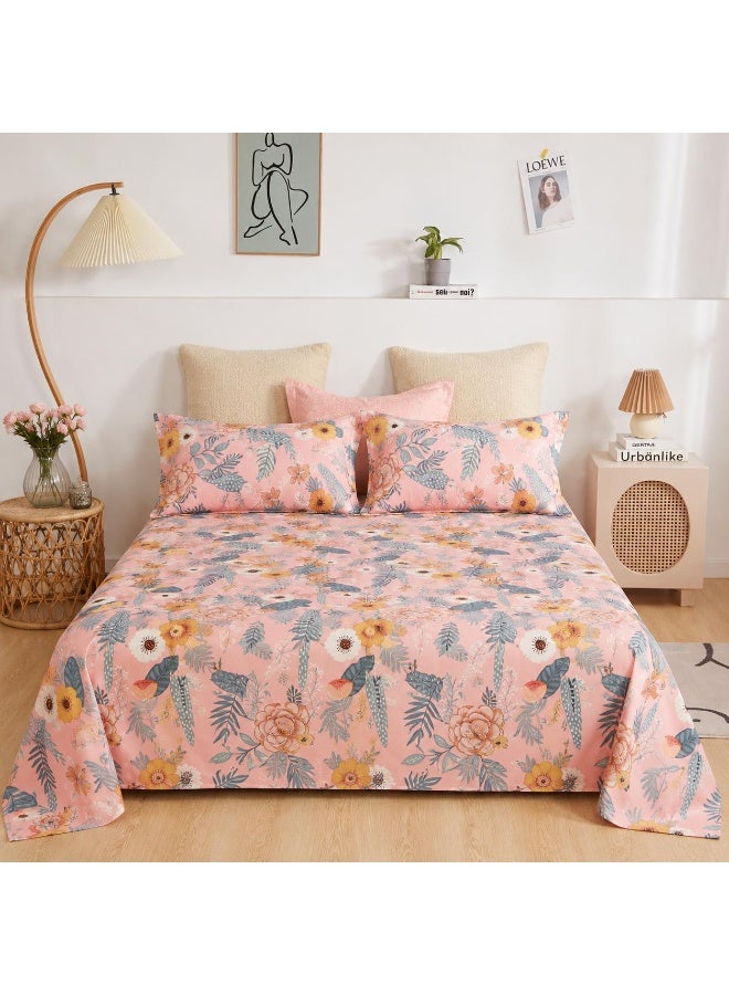3-Piece 150 GSM Microfiber King Size Bed Sheet Set - Vibrant Floral & Botanical Print on Pink, Includes 1 Flat Sheet (270x250 CM) & 2 Pillowcases (50x75 CM) - Image 1