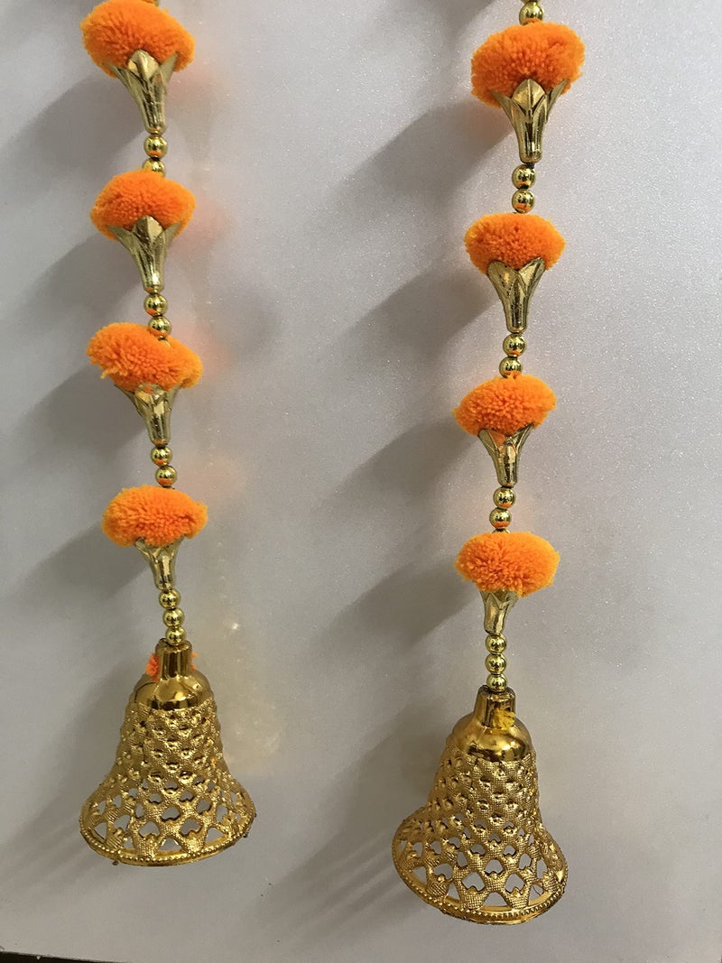 Aahum Handmade Wall Door Orange Color Pom Pom String With Golden Beads,Triangle Flowers Hanging Torans Garland Bandhwar Decoration Item for Home Décor Diwali Festival,Navratri,Wedding (5 FT 2 Strings) - Image 3