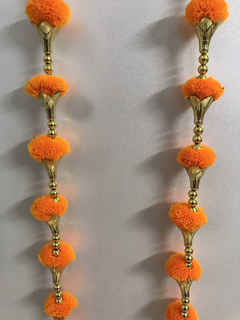 Aahum Handmade Wall Door Orange Color Pom Pom String With Golden Beads,Triangle Flowers Hanging Torans Garland Bandhwar Decoration Item for Home Décor Diwali Festival,Navratri,Wedding (5 FT 2 Strings) - Image 2
