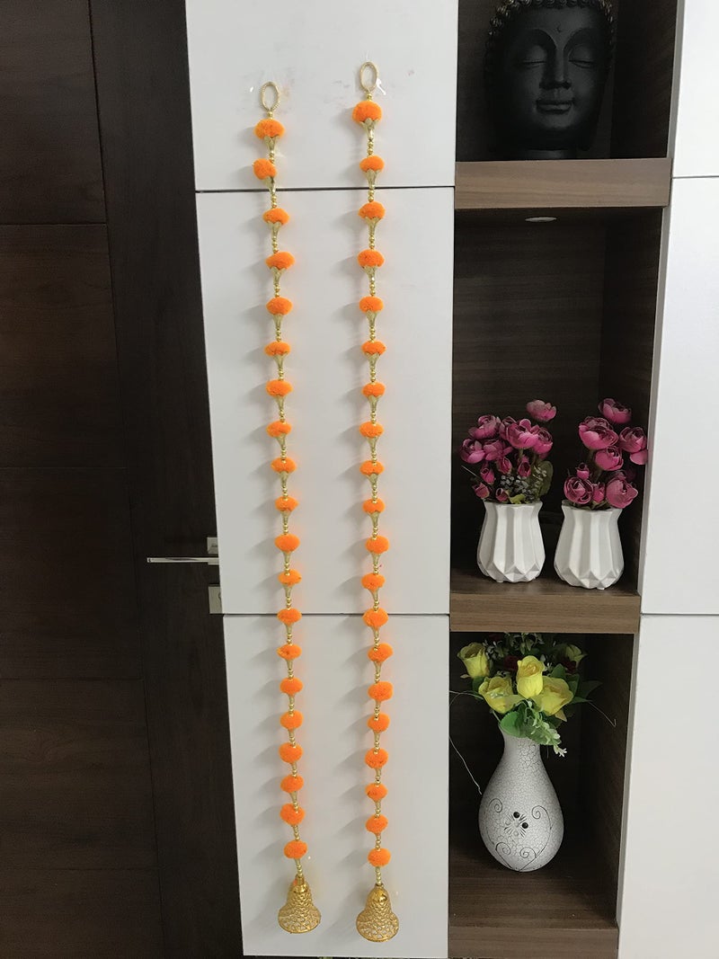 Aahum Handmade Wall Door Orange Color Pom Pom String With Golden Beads,Triangle Flowers Hanging Torans Garland Bandhwar Decoration Item for Home Décor Diwali Festival,Navratri,Wedding (5 FT 2 Strings) - Image 4
