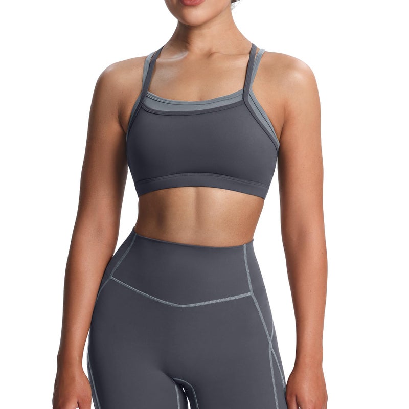 Aoxjox Women's Workout Sports Bras Takes Two Bra High Impact Training Fitness Running Yoga Crop Tank (Iron Grey/Grey, Large) - Image 1