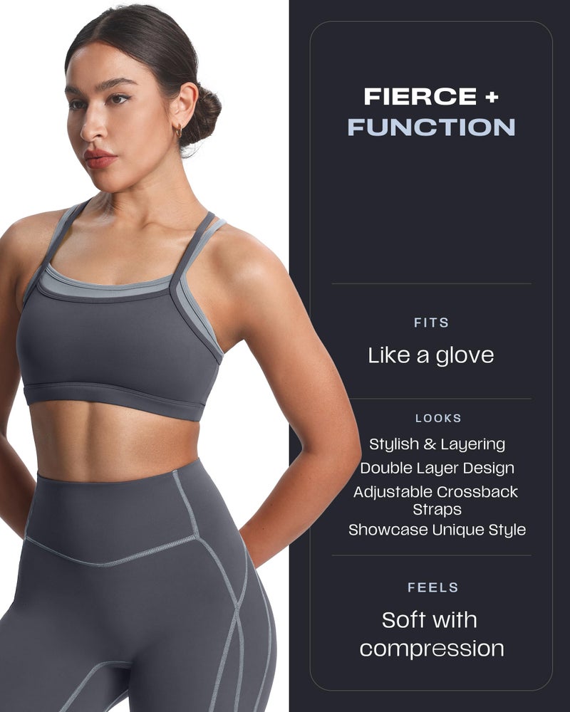 Aoxjox Women's Workout Sports Bras Takes Two Bra High Impact Training Fitness Running Yoga Crop Tank (Iron Grey/Grey, Large) - Image 2