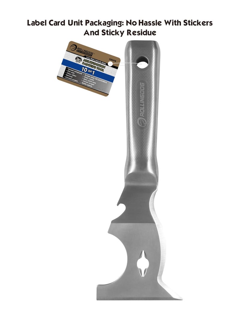ROLLINGDOG 10 in 1 Painter's Tool - Stainless Steel Mirror Polished One Piece Blade And Laser Engraved Handle,3 inch Multifunction Putty Knife Drywall Paint Scraper - Image 5
