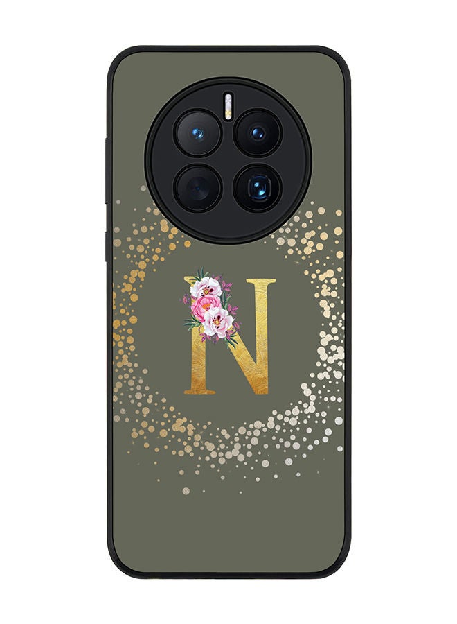 Stylizedd Rugged Black edge case for Huawei Mate 50 Slim fit Soft Case Flexible Rubber Edges TPU Gel Thin Cover - Custom Monogram Initial Letter Floral Pattern Alphabet - N (Olive Green) - Image 1