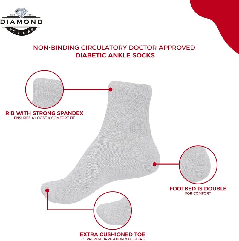 Diamond Star Diabetic Ankle Socks NonBinding Circulatory Doctor Approved Cushion Cotton Quarter Socks for Mens Womens 1315 Shoe Size 914 12 Pack White Big  Tall Mens - Image 3