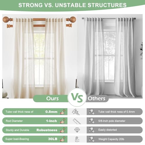 TANGWIN Wood Double Curtain Rods for Windows 36 to 88:Boho Wooden Double Rod Curtain Rods for Farmhouse Livingroom Bedroom 1Inch Heavy Duty Adjustable Dual Curtain Rod Decorative Imitation Wood Grain - Image 4