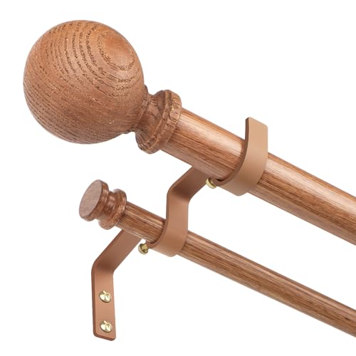 TANGWIN Wood Double Curtain Rods for Windows 36 to 88:Boho Wooden Double Rod Curtain Rods for Farmhouse Livingroom Bedroom 1Inch Heavy Duty Adjustable Dual Curtain Rod Decorative Imitation Wood Grain - Image 1