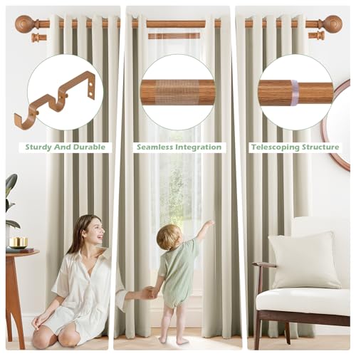 TANGWIN Wood Double Curtain Rods for Windows 36 to 88:Boho Wooden Double Rod Curtain Rods for Farmhouse Livingroom Bedroom 1Inch Heavy Duty Adjustable Dual Curtain Rod Decorative Imitation Wood Grain - Image 3