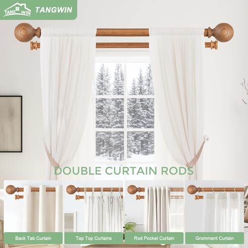 TANGWIN Wood Double Curtain Rods for Windows 36 to 88:Boho Wooden Double Rod Curtain Rods for Farmhouse Livingroom Bedroom 1Inch Heavy Duty Adjustable Dual Curtain Rod Decorative Imitation Wood Grain - Image 2