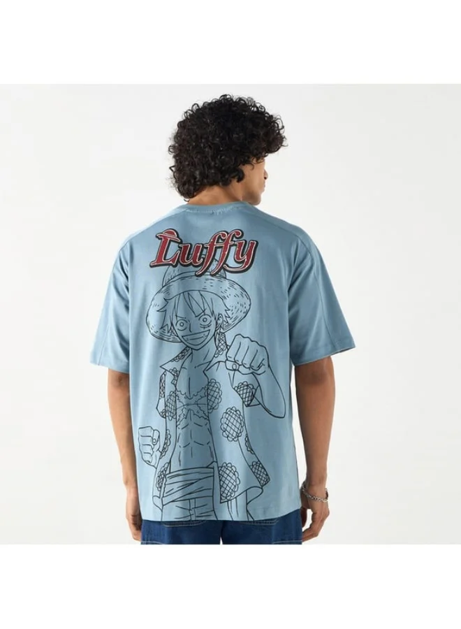 SP Characters Monkey D Luffy Print T-shirt with Crew Neck and Short Sleeves