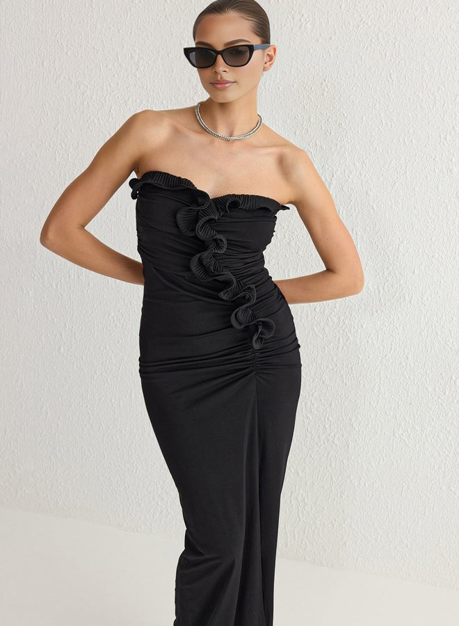 trendyol Black Flounce Detailed Bodycon Strapless Knitted Long Evening Night Graduation Dress - Image 2