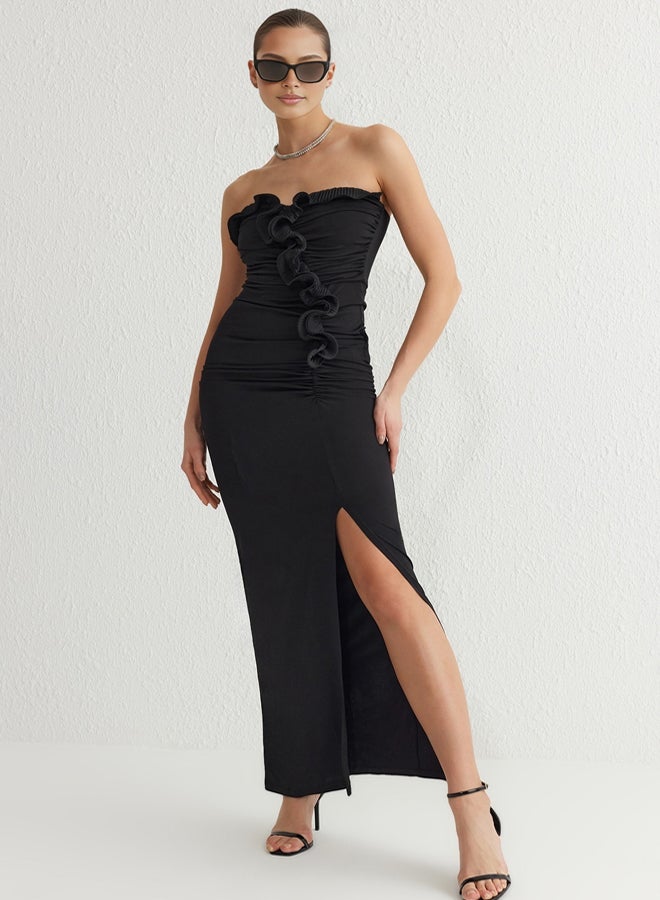 trendyol Black Flounce Detailed Bodycon Strapless Knitted Long Evening Night Graduation Dress - Image 1